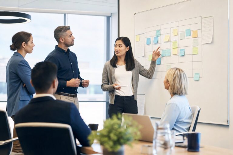 A facilitator leading a team through a training needs analysis using a skills matrix on a whiteboard